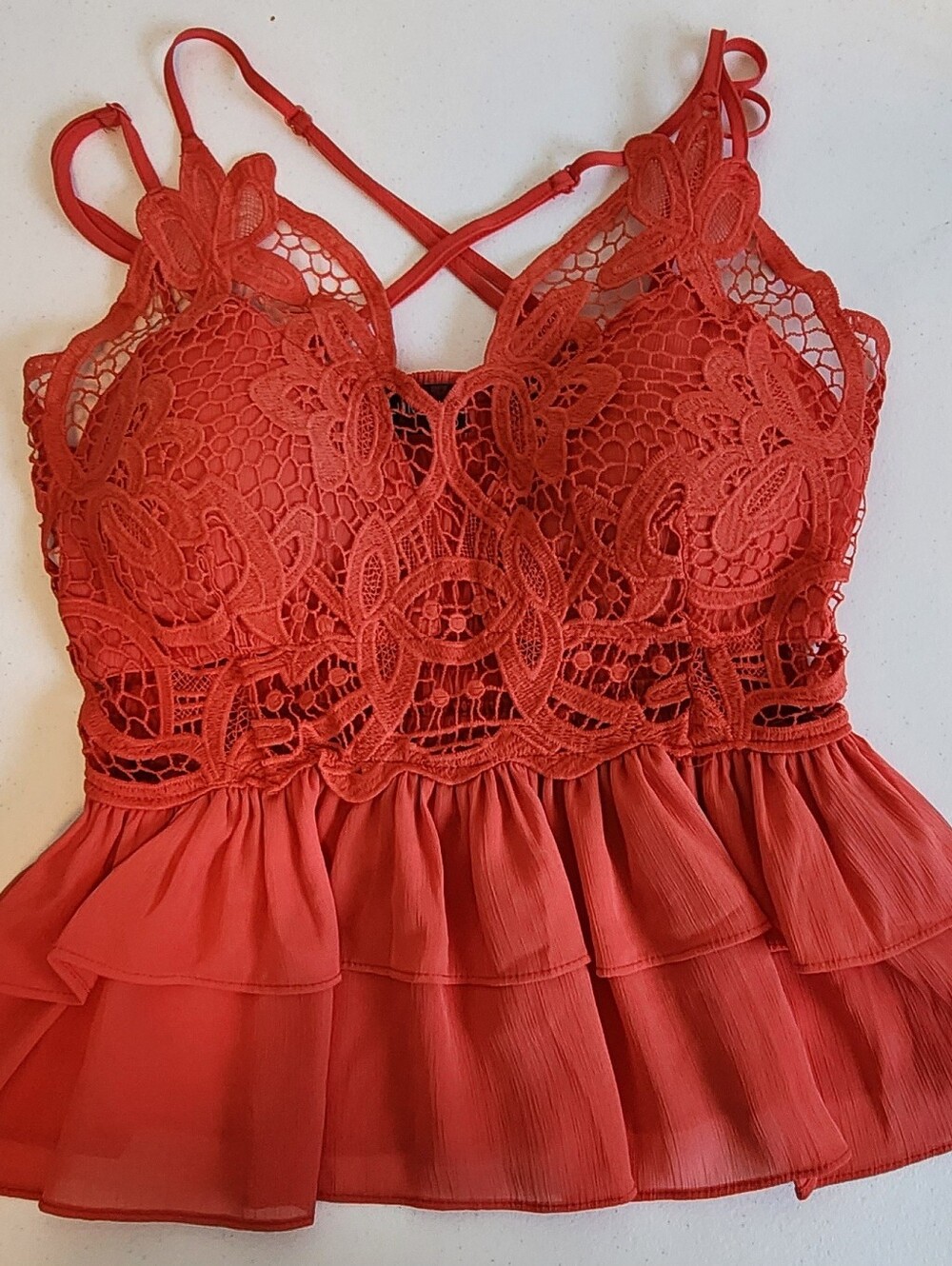 Lulumari Red Lace Crochet Peplum Chemise